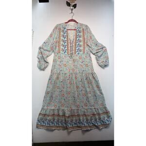 R. Vivimos Women XL Vneck Boho Floral Tiered Long Sleeved Cotton And Rayon Dress